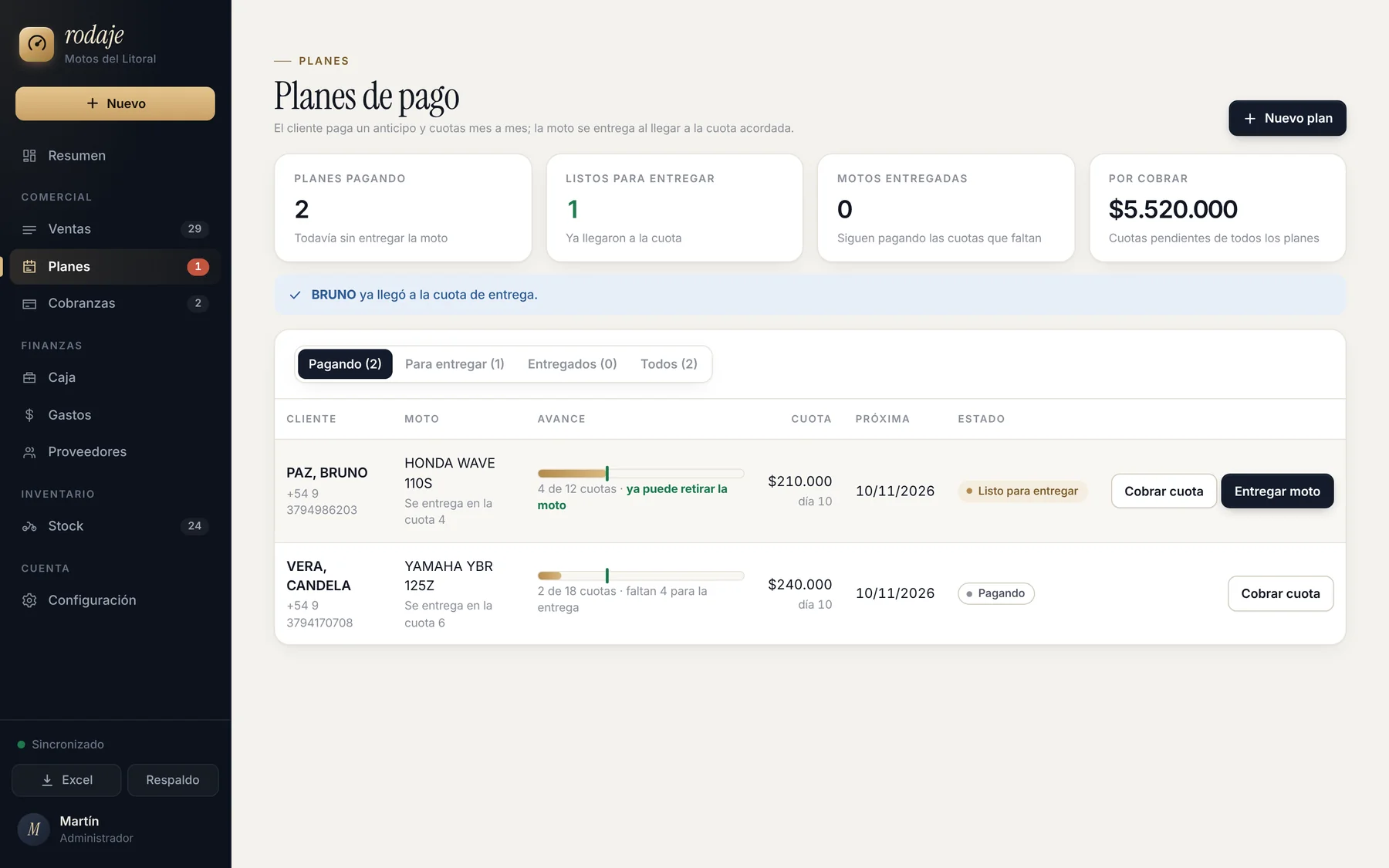 Pantalla de Planes de pago con avance de cuotas