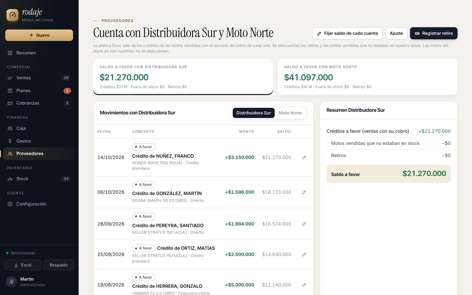 Pantalla de cuenta con proveedores